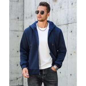 Men's Blue Zip Up Hoodie Sherpa Lined Heavyweight Fleece Sweatshirt